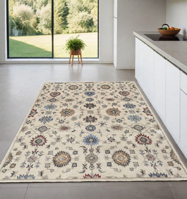 HomeRoots 4' Luxurious Hand-Tufted Wool Area Rug with Timeless Ivory and Blue Floral Design for Any Room 4' X 6' 514816