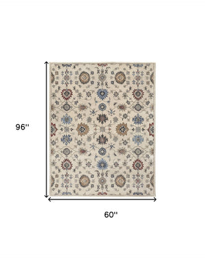 HomeRoots 4' Luxurious Hand-Tufted Wool Area Rug with Timeless Ivory and Blue Floral Design for Any Room 5' X 8' 514817