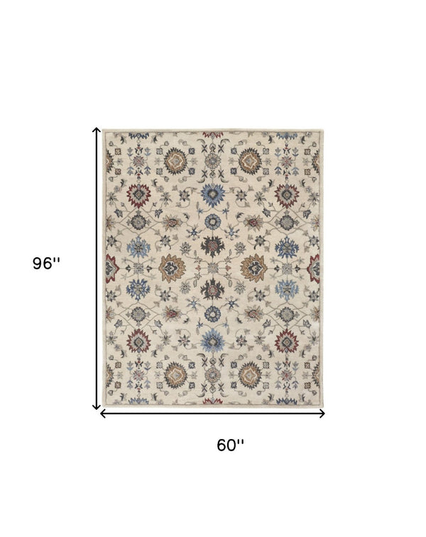 HomeRoots 4' Luxurious Hand-Tufted Wool Area Rug with Timeless Ivory and Blue Floral Design for Any Room 5' X 8' 514817