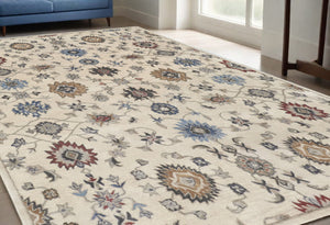 HomeRoots 4' Luxurious Hand-Tufted Wool Area Rug with Timeless Ivory and Blue Floral Design for Any Room 5' X 8' 514817