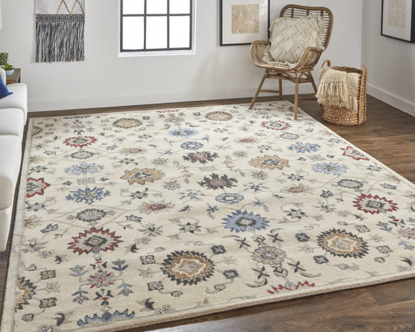 HomeRoots 4' Luxurious Hand-Tufted Wool Area Rug with Timeless Ivory and Blue Floral Design for Any Room 8' X 10' 514818