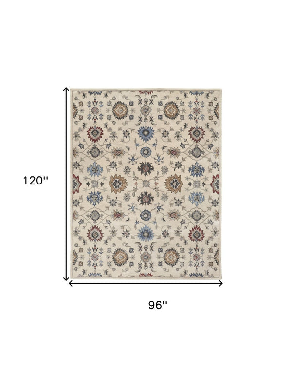 HomeRoots 4' Luxurious Hand-Tufted Wool Area Rug with Timeless Ivory and Blue Floral Design for Any Room 8' X 10' 514818