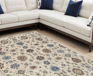 HomeRoots 4' Luxurious Hand-Tufted Wool Area Rug with Timeless Ivory and Blue Floral Design for Any Room 8' X 10' 514818