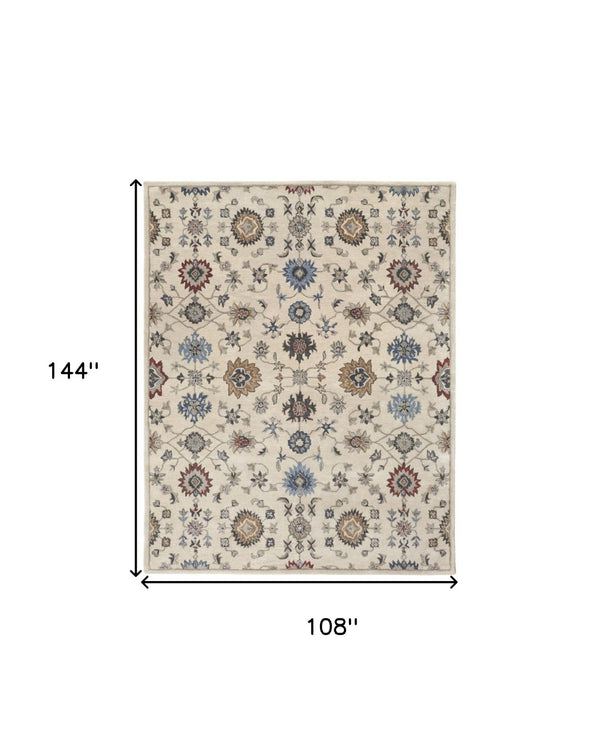 HomeRoots 4' Luxurious Hand-Tufted Wool Area Rug with Timeless Ivory and Blue Floral Design for Any Room 9' X 12' 514819