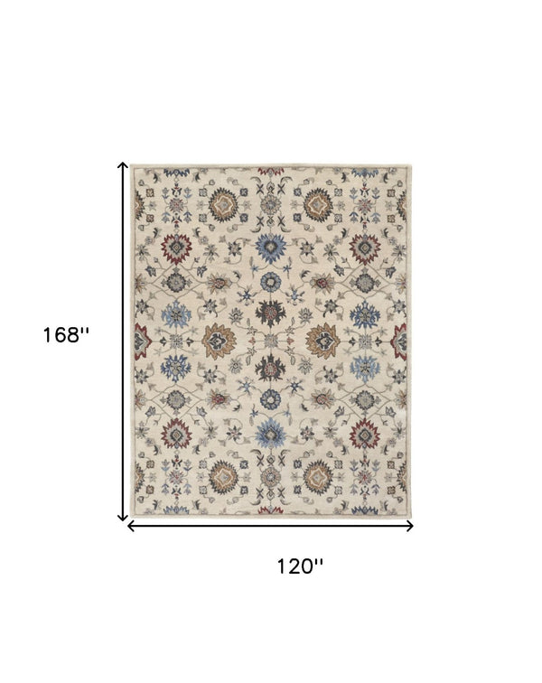 HomeRoots 4' Luxurious Hand-Tufted Wool Area Rug with Timeless Ivory and Blue Floral Design for Any Room 10' X 14' 514820