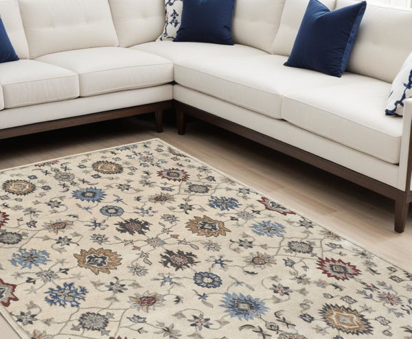 HomeRoots 4' Luxurious Hand-Tufted Wool Area Rug with Timeless Ivory and Blue Floral Design for Any Room 10' X 14' 514820