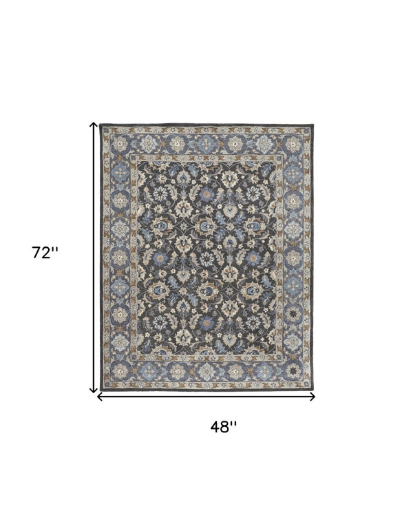 HomeRoots 4' Handmade Wool Area Rug with Floral Tufted Design in Elegant Taupe, Blue, and Ivory Tones 4' X 6' 514828