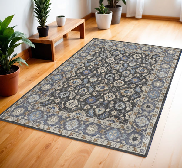 HomeRoots 4' Handmade Wool Area Rug with Floral Tufted Design in Elegant Taupe, Blue, and Ivory Tones 4' X 6' 514828