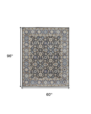 HomeRoots 4' Handmade Wool Area Rug with Floral Tufted Design in Elegant Taupe, Blue, and Ivory Tones 5' X 8' 514829