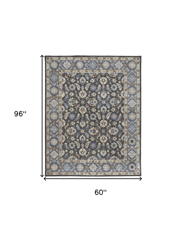 HomeRoots 4' Handmade Wool Area Rug with Floral Tufted Design in Elegant Taupe, Blue, and Ivory Tones 5' X 8' 514829