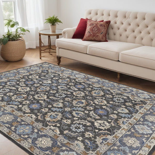 HomeRoots 4' Handmade Wool Area Rug with Floral Tufted Design in Elegant Taupe, Blue, and Ivory Tones 5' X 8' 514829