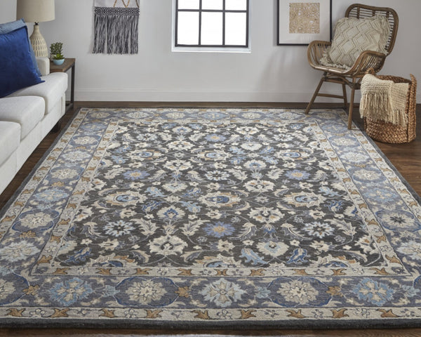 HomeRoots 4' Handmade Wool Area Rug with Floral Tufted Design in Elegant Taupe, Blue, and Ivory Tones 8' x 10' 514830
