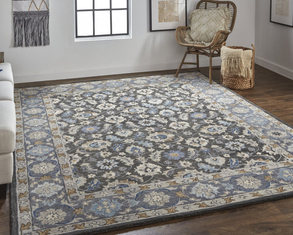 HomeRoots 4' Handmade Wool Area Rug with Floral Tufted Design in Elegant Taupe, Blue, and Ivory Tones 8' x 10' 514830