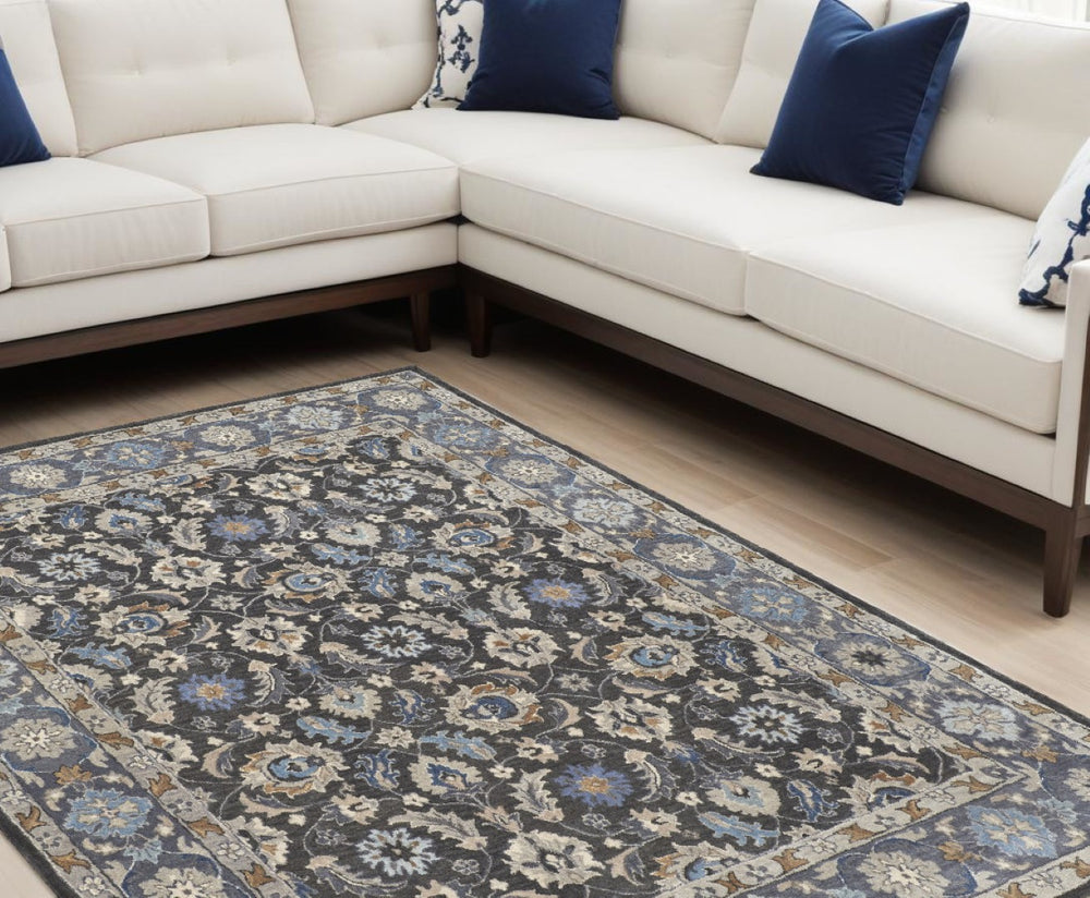 HomeRoots 4' Handmade Wool Area Rug with Floral Tufted Design in Elegant Taupe, Blue, and Ivory Tones 9' X 12' 514831