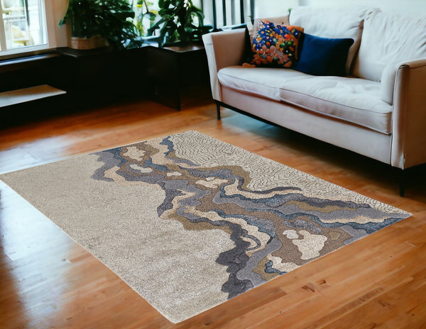 Homeroots 5' X 8' Tan And Brown Wool Abstract Hand Tufted Area Rug Tan,Brown,Blue Wool 514849