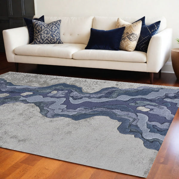 Homeroots 8' X 10' Blue And Gray Wool Abstract Hand Tufted Area Rug Ivor,Gray,Blue Wool 514857