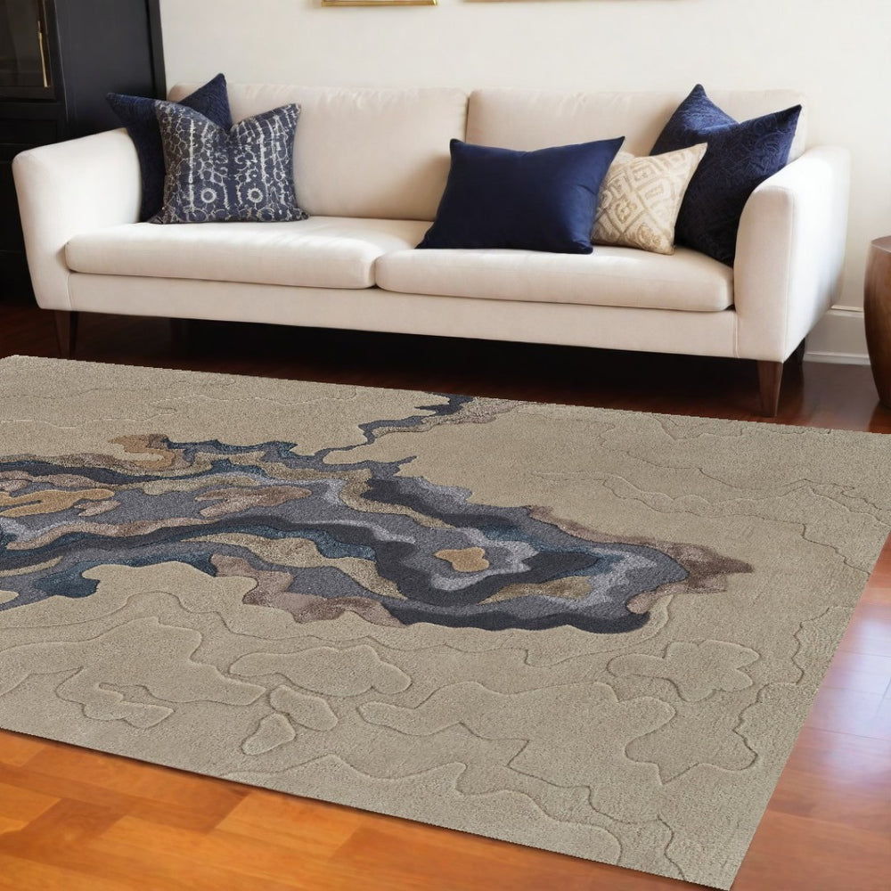 HomeRoots 5' Hand-Tufted Wool Abstract Area Rug in Tan and Brown for Stylish Living Room and Bedroom Decor 10' X 14' 514866