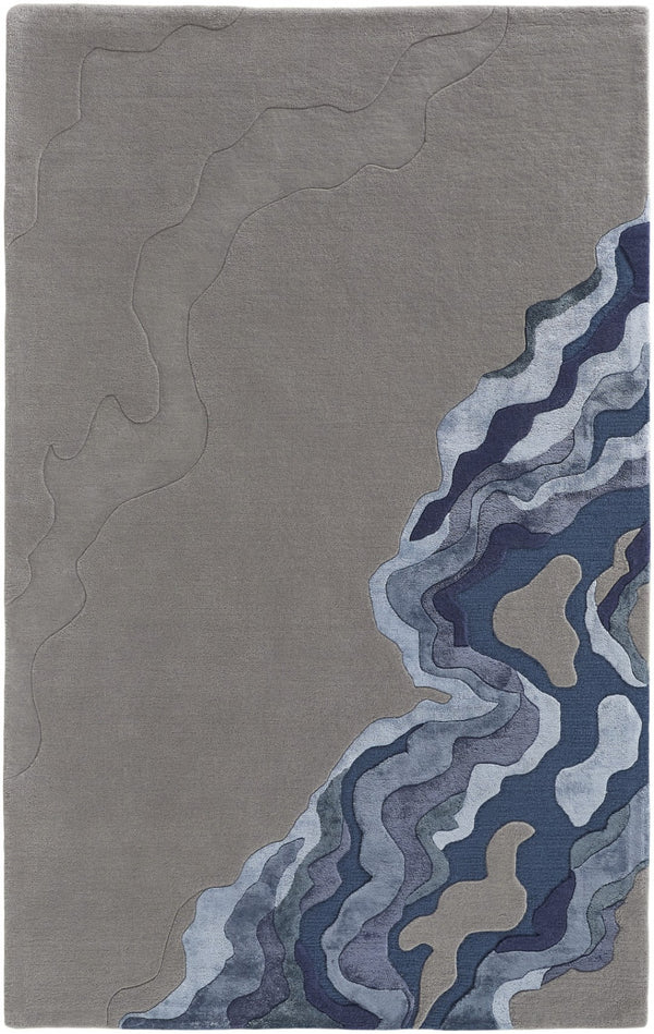 HomeRoots 5' Plush Hand-Tufted Wool Area Rug with Abstract Blue and Gray Design for Modern Home Decor 5' X 8' 514870