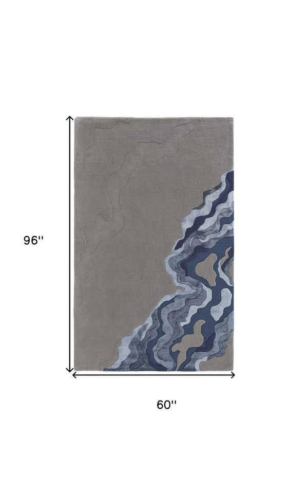 HomeRoots 5' Plush Hand-Tufted Wool Area Rug with Abstract Blue and Gray Design for Modern Home Decor 5' X 8' 514870