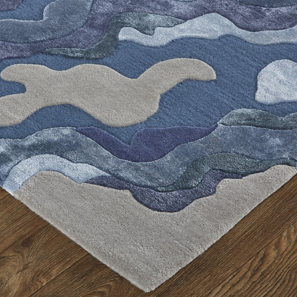 HomeRoots 5' Plush Hand-Tufted Wool Area Rug with Abstract Blue and Gray Design for Modern Home Decor 5' X 8' 514870