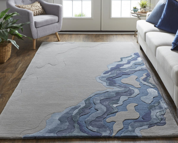 HomeRoots 5' Plush Hand-Tufted Wool Area Rug with Abstract Blue and Gray Design for Modern Home Decor 10' X 14' 514873