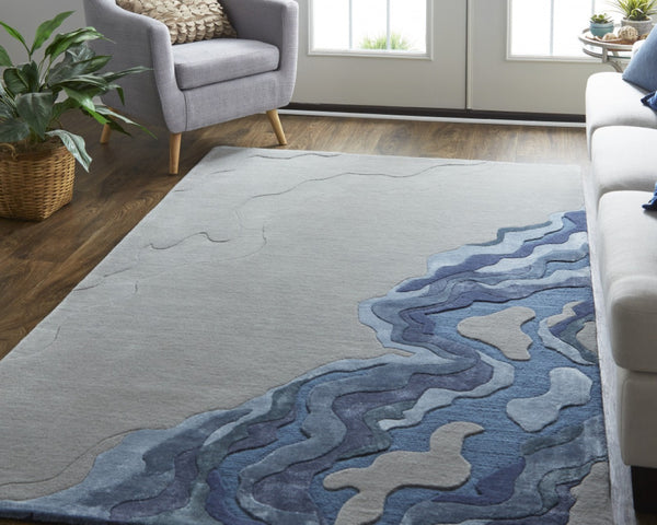 HomeRoots 5' Plush Hand-Tufted Wool Area Rug with Abstract Blue and Gray Design for Modern Home Decor 10' X 14' 514873