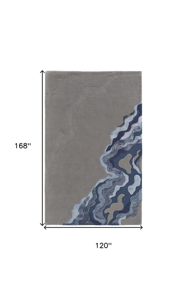 HomeRoots 5' Plush Hand-Tufted Wool Area Rug with Abstract Blue and Gray Design for Modern Home Decor 10' X 14' 514873