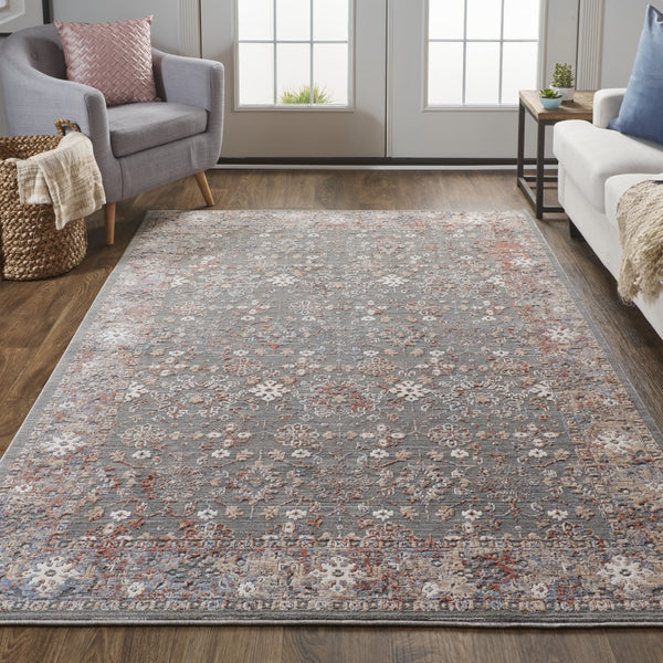 Homeroots 9' X 13' Gray And Ivory Floral Power Loom Area Rug Gray,Pink,Red Polyester 514889