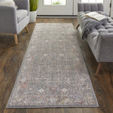 Homeroots 8' Runner Gray And Ivory Floral Power Loom Runner Rug Gray,Pink,Red Polyester 514890