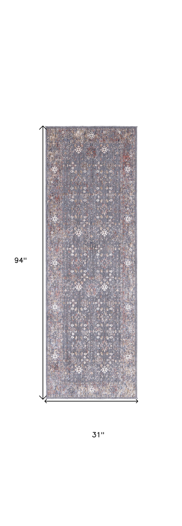 Homeroots 8' Runner Gray And Ivory Floral Power Loom Runner Rug Gray,Pink,Red Polyester 514890