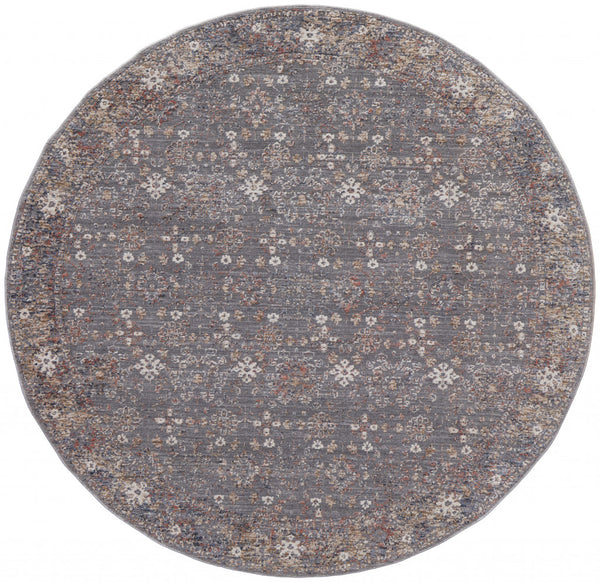 Homeroots 6' Gray And Ivory Round Floral Power Loom Area Rug Gray,Pink,Red Polyester 514891