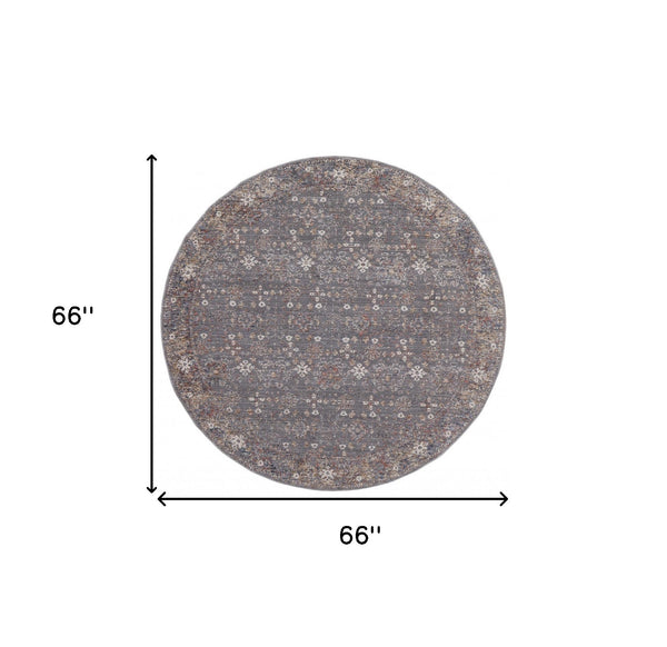 Homeroots 6' Gray And Ivory Round Floral Power Loom Area Rug Gray,Pink,Red Polyester 514891