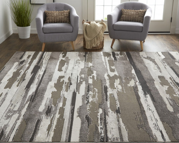 HomeRoots 4' Abstract Distressed Area Rug in Gray, Ivory & Brown - Durable, Family-Friendly Design for Homes 4' X 6' 514907