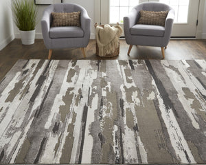 HomeRoots 12' Modern Abstract Distressed Area Rug in Gray, Ivory & Brown - Durable and Stain Resistant Design 12' X 15' 514914