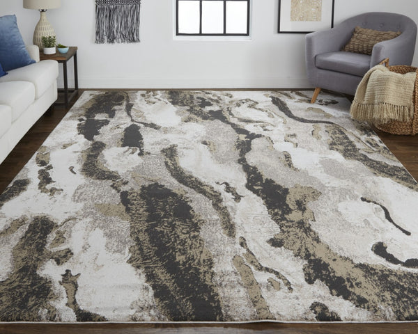 HomeRoots 4' Brown and Ivory Abstract Area Rug - Stylish, Durable, and Low-Maintenance for Modern Spaces 10' X 14' 514928