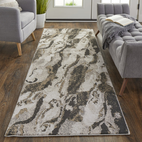 HomeRoots 4' Brown and Ivory Abstract Area Rug - Stylish, Durable, and Low-Maintenance for Modern Spaces 8' Runner 514929