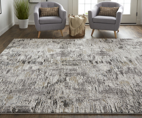 Homeroots 7' X 10' Gray And Ivory Abstract Power Loom Distressed Area Rug Ivory,Gray,Brown Polypropylene 514934