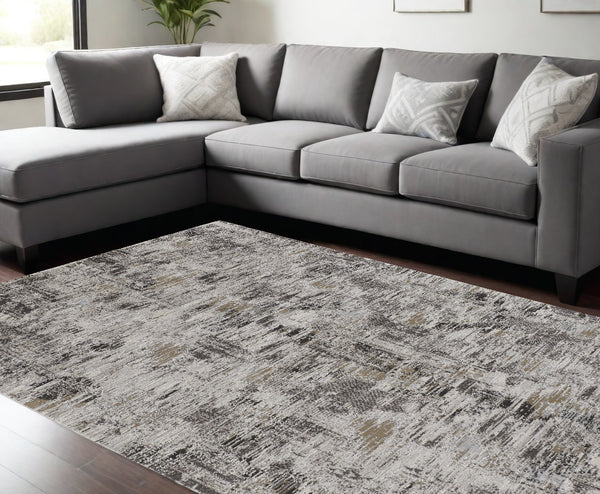Homeroots 9' X 12' Gray And Ivory Abstract Power Loom Distressed Area Rug Ivory,Gray,Brown Polypropylene 514935