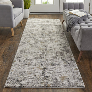 Homeroots 8' Runner Gray And Ivory Abstract Power Loom Distressed Runner Rug Ivory,Gray,Brown Polypropylene 514937