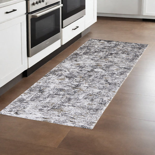 Homeroots 8' Runner Gray And Ivory Abstract Power Loom Distressed Runner Rug Ivory,Gray,Brown Polypropylene 514937