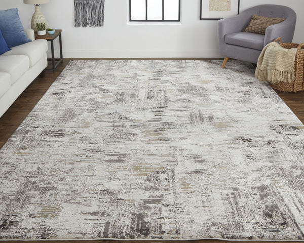 Homeroots 12' X 15' Ivory Gray And Brown Abstract Power Loom Distressed Stain Resistant Area Rug Ivory,Gray,Brown Polypropylene 514938