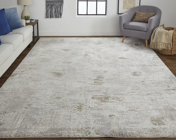 Homeroots 9' X 12' Gray And Ivory Abstract Power Loom Distressed Area Rug Ivory,Gray,Tan Polypropylene 514943