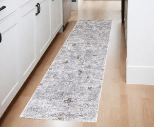 Homeroots 8' Runner Gray And Ivory Abstract Power Loom Distressed Runner Rug Ivory,Gray,Tan Polypropylene,Polyester 514945