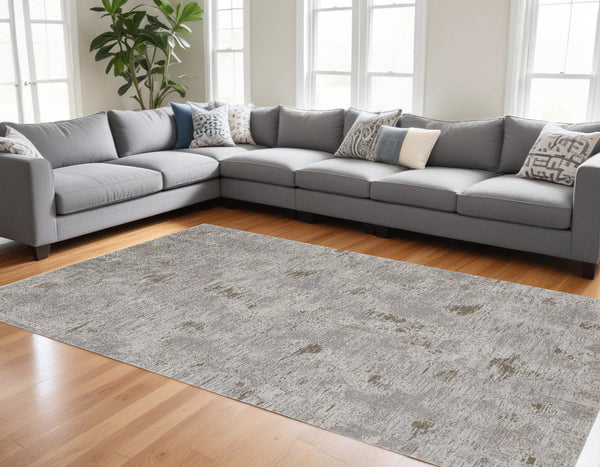 Homeroots 12' X 15' Gray And Ivory Abstract Power Loom Distressed Area Rug Ivory,Gray,Tan Polypropylene 514946