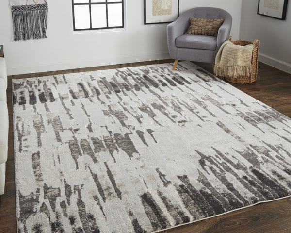 HomeRoots 4' Gray and Ivory Abstract Area Rug - Contemporary Power Loom Design, Stain-Resistant & Durable 4' X 6' 514947