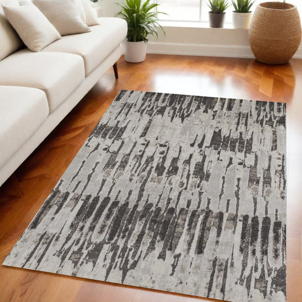 HomeRoots 4' Gray and Ivory Abstract Area Rug - Contemporary Power Loom Design, Stain-Resistant & Durable 5' X 8' 514948