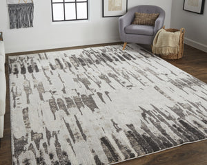 HomeRoots 4' Gray and Ivory Abstract Area Rug - Contemporary Power Loom Design, Stain-Resistant & Durable 10' X 14' 514952