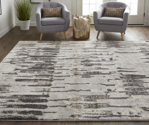 HomeRoots 4' Gray and Ivory Abstract Area Rug - Contemporary Power Loom Design, Stain-Resistant & Durable 10' X 14' 514952