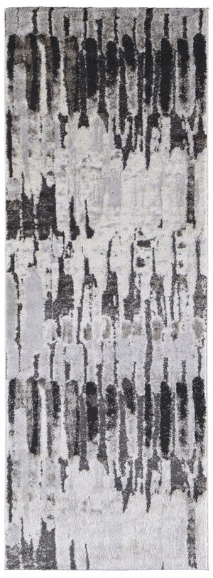 HomeRoots 4' Gray and Ivory Abstract Area Rug - Contemporary Power Loom Design, Stain-Resistant & Durable 8' Runner 514953