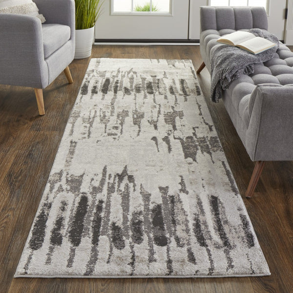 HomeRoots 4' Gray and Ivory Abstract Area Rug - Contemporary Power Loom Design, Stain-Resistant & Durable 8' Runner 514953